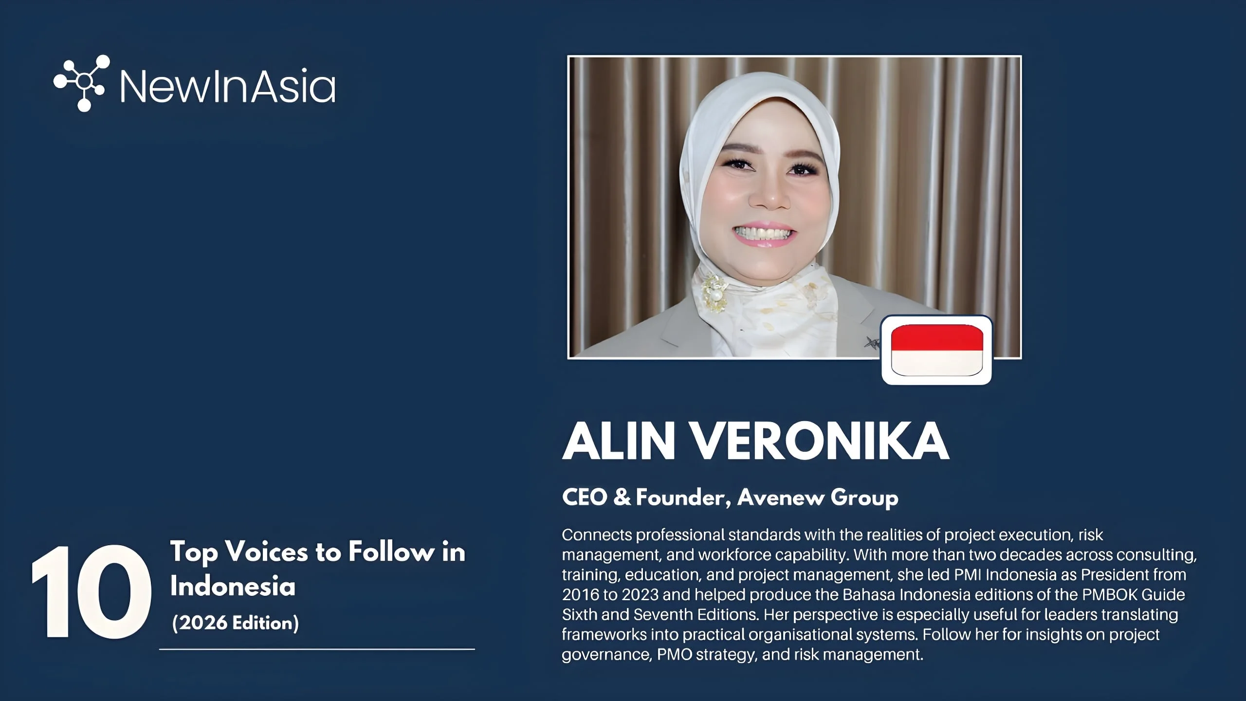 Profil Alin Veronika, CEO & Founder Avenew Group, dalam daftar 10 Top Voices You Should Follow in Indonesia 2026 yang dirilis NewInAsia.