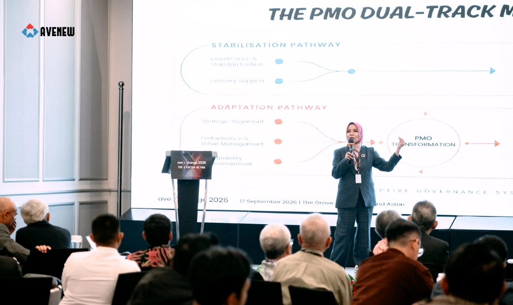 Dr. Alin Veronika menjelaskan model PMO Dual-Track (Stabilization Pathway dan Adaptation Pathway), kerangka hasil riset yang memetakan arah pengembangan kapabilitas operasional dan transformasi strategis PMO di Indonesia.